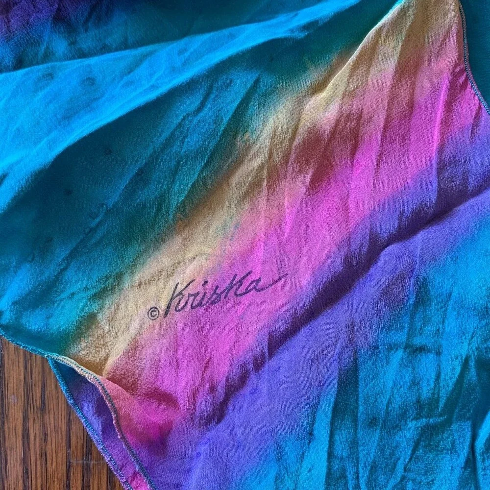 Kriska Hand Painted Silk‎ Scarf Rainbow Ombre Teal Purple Pink Yellow Art Wear